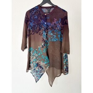 Citron Santa Monica Silk Floral Burnout Blouse Button Down Asymmetric Size Small